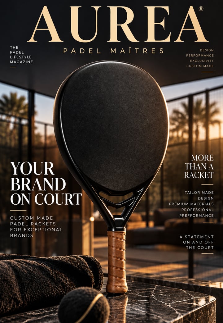 AUREA custom padel racket with leather grip, magazine cover artwork