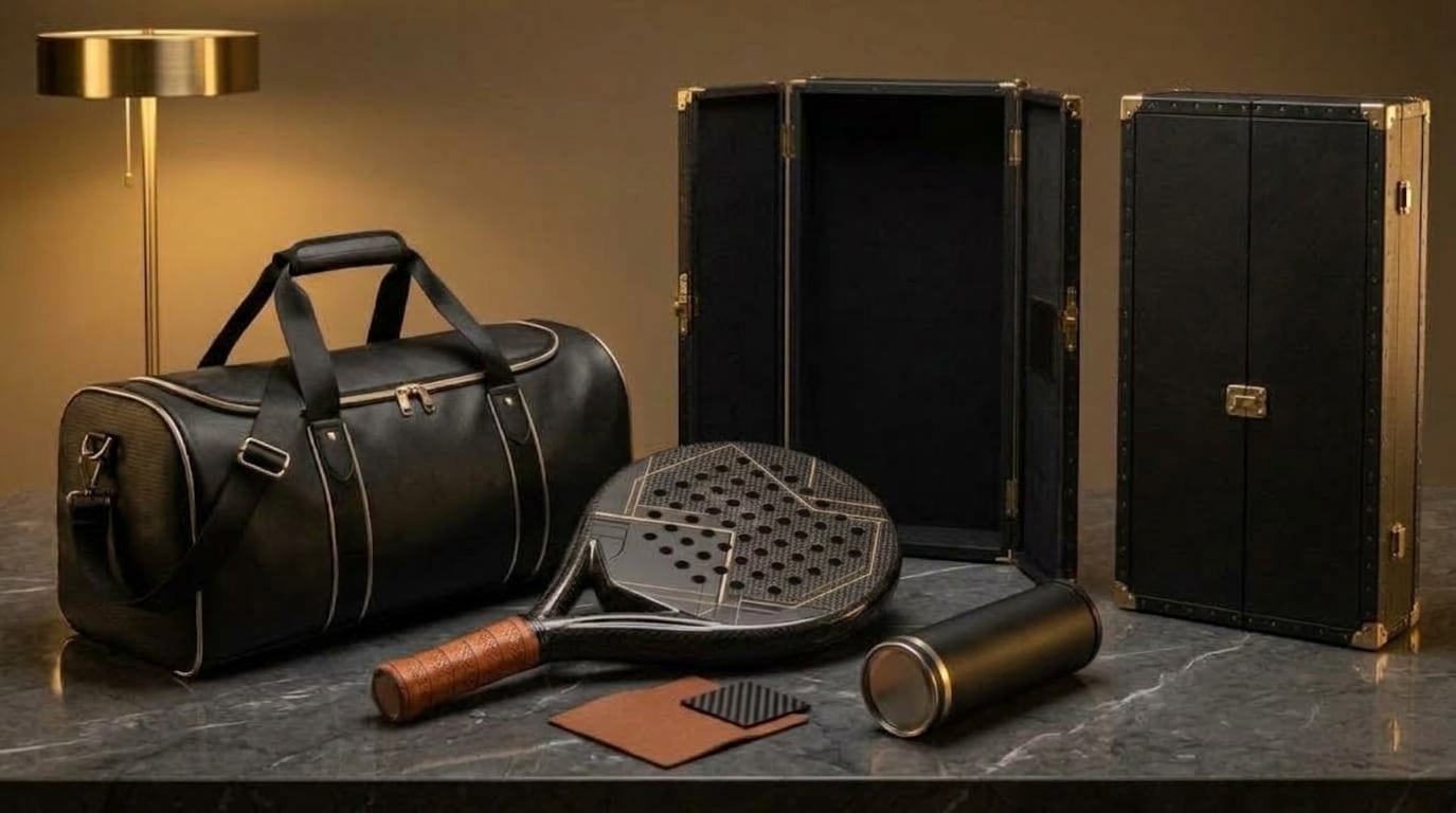 AUREA bespoke set: racket, sports bag, ball can and presentation trunks