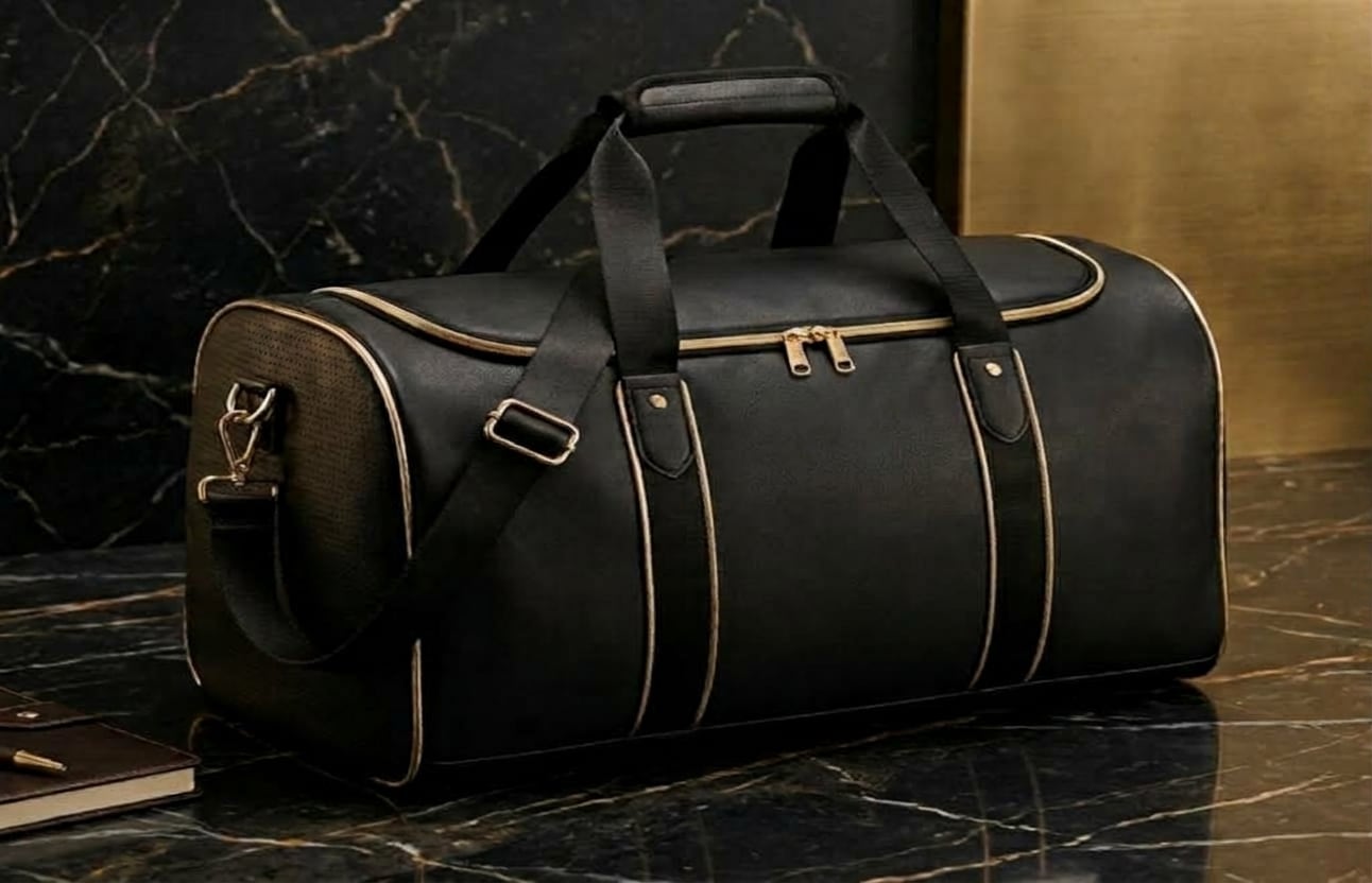 Black leather padel sports bag with gold trim