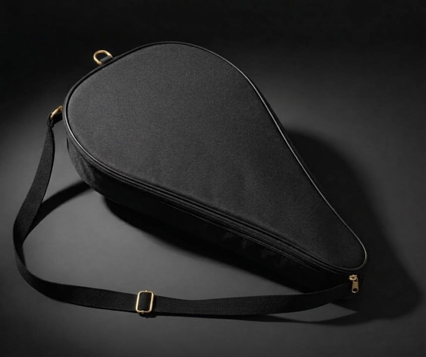 Black padel racket cover with gold hardware