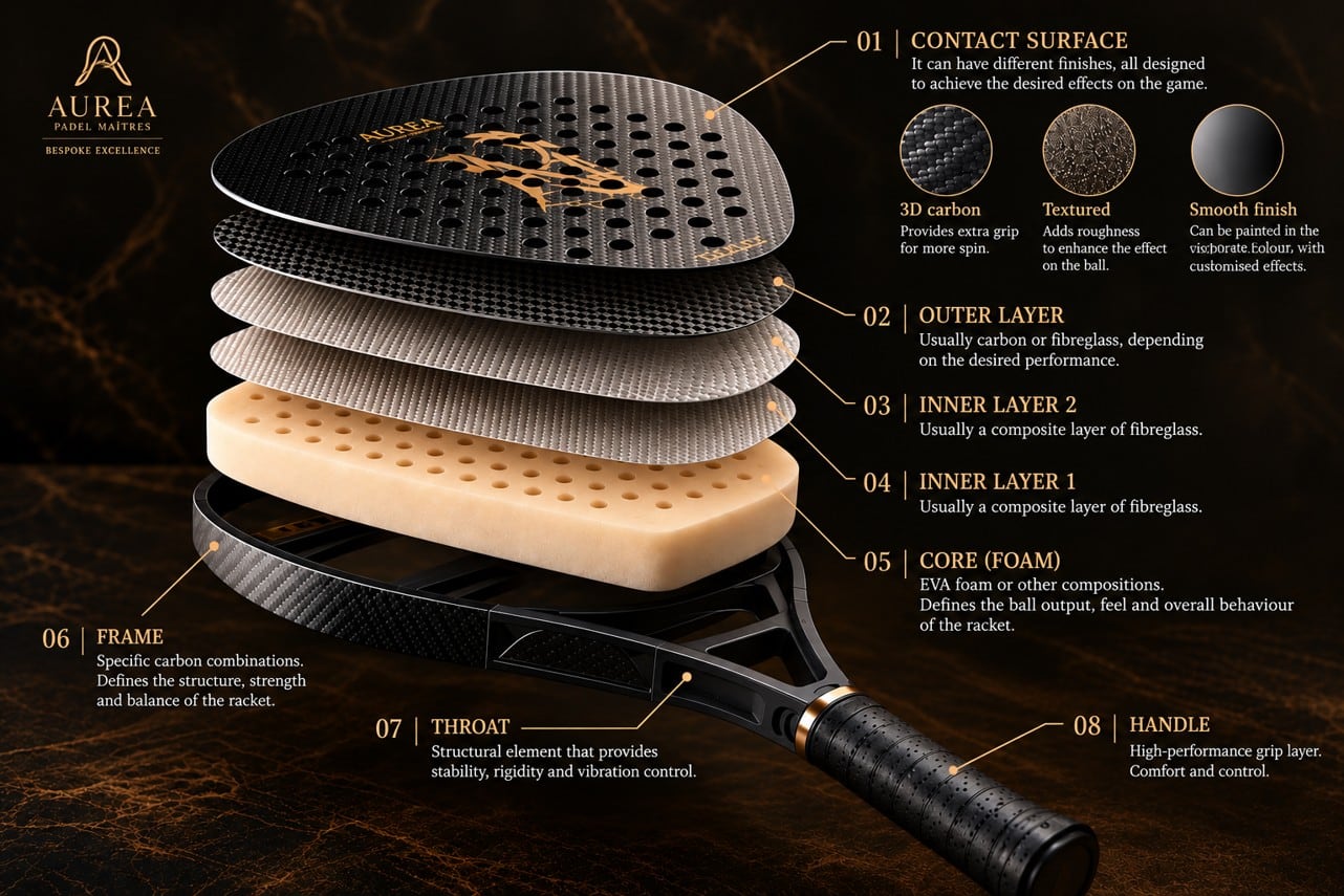 Exploded view of an AUREA padel racket showing the contact surface, layers, core, frame, throat and handle