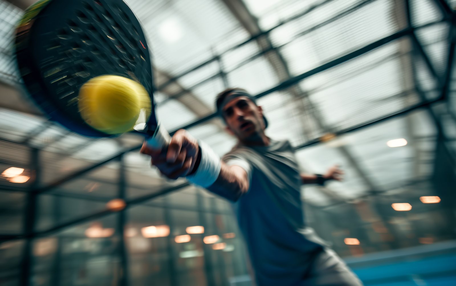 Padel player striking the ball on an indoor court