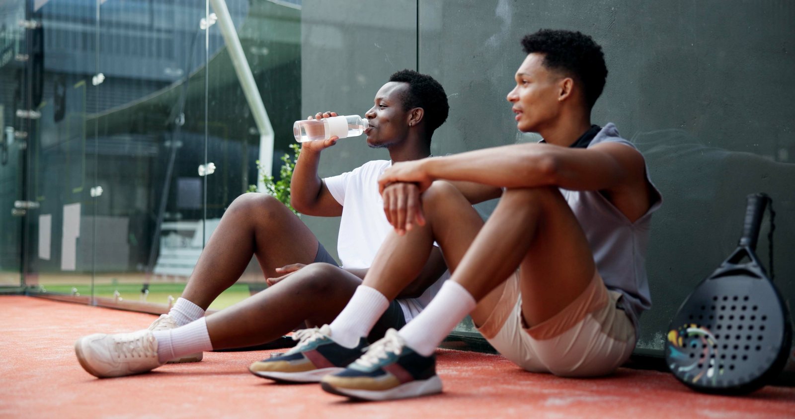 Two players resting courtside between games